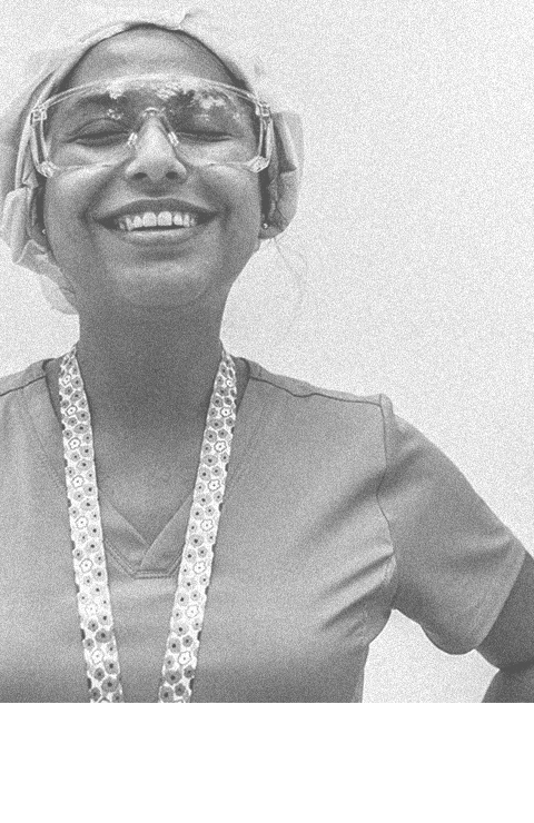 Female nurse looking happy and confident smiling with eyes closed