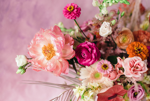 Close up of pink Bloomshakalaka flower arrangement.
