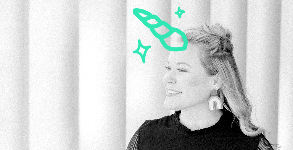 Terisa Brenna with a fun doodle of a unicorn horn on the top of her head.